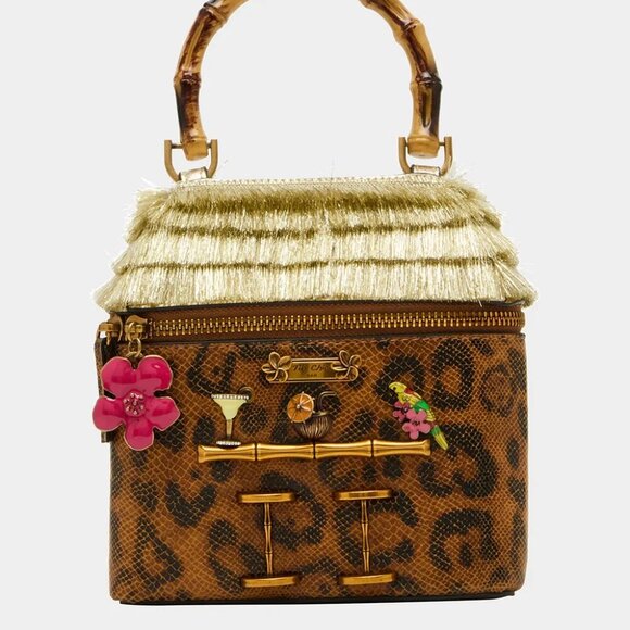 Betsey Johnson Kitsch Tiki Chic Bar Thatch Roof Leopard Printed Crossbody Bag - Picture 1 of 11